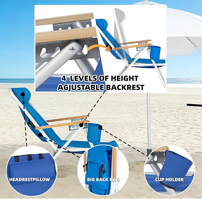 1PC Portable High Strength Beach Chair with Adjustable Headrest &amp Cup Holder Iron &amp 600D Polyester 330lbs Capacity Blue Foldable Chair for Beach Camping Hunting Fishing (Blue 1PC)