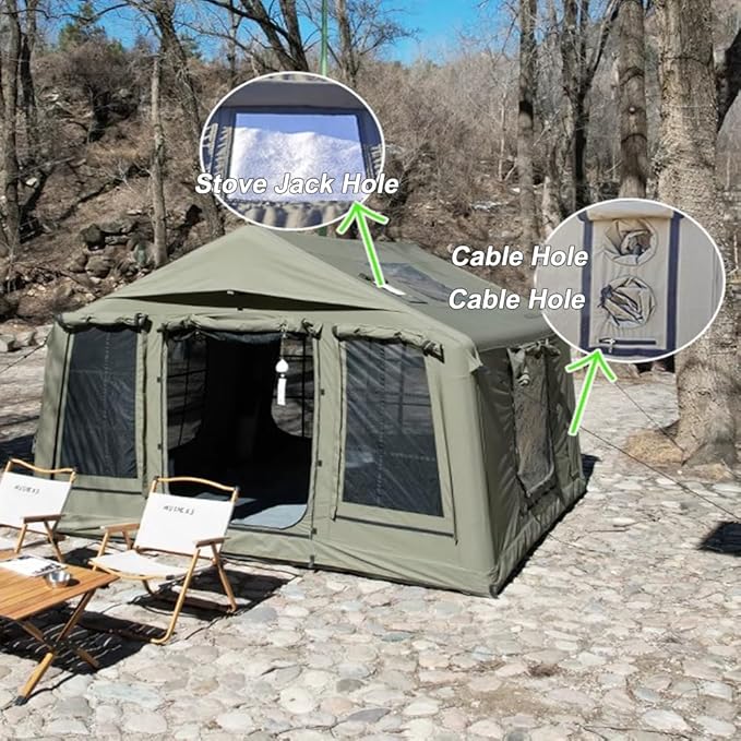 Cotton Canvas flatable Tent with Detachable TPU Windows and Pump2/3/4 Person Pop-Up Tent with Stove Jack Hole &amp Cable Hole
