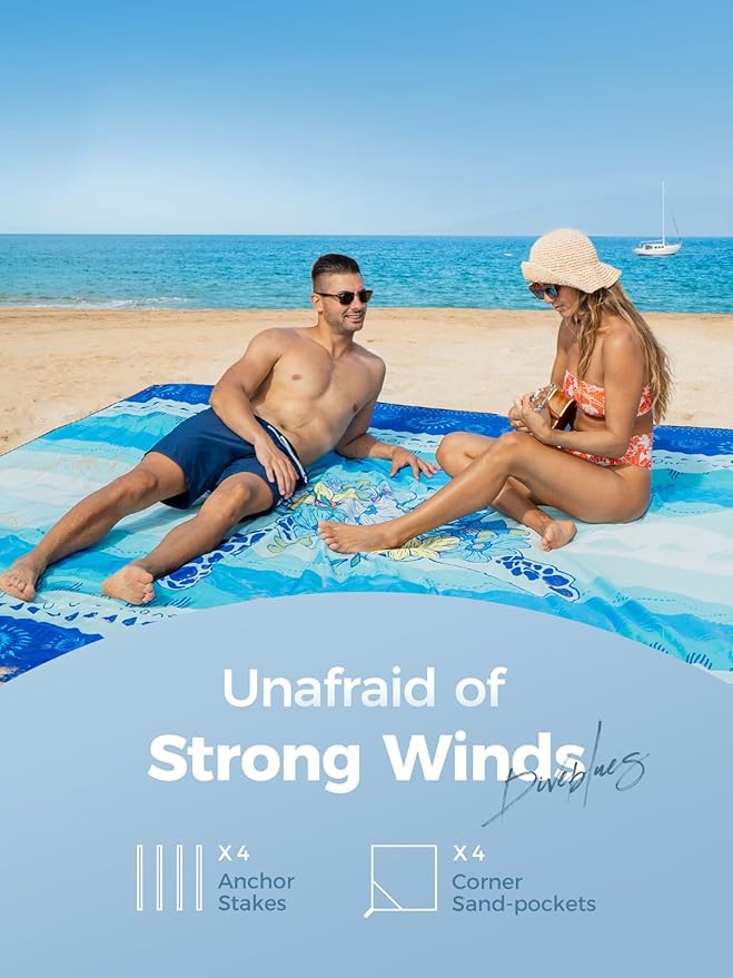Diveblues Beach Blanket Oversized Extra Large 110 * 118/ 9 * 10 FtBeach Mat Waterproof SandproofSoft and Durable Picnic Mat for Travel Camping Beach Vacation4 Stakes &amp 1 Travel Bag