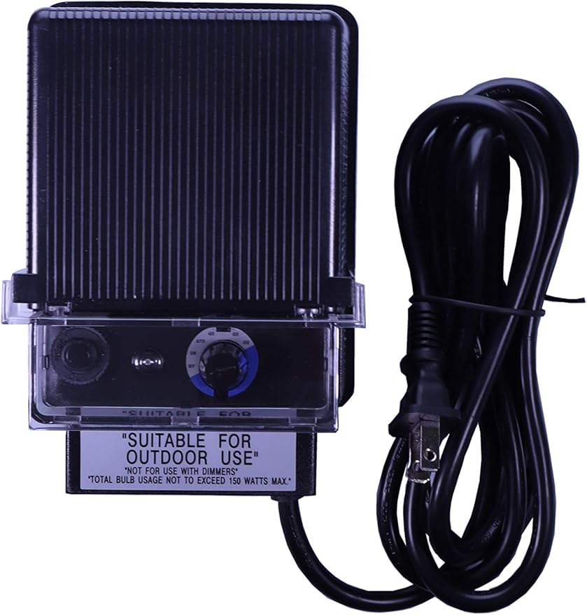 150W Watt AC to 12V Volt LED &amp Halogen -120V Volt Low Voltage Landscape Lighting Indoor/Outdoor Weatherproof Transformer Electric Power Pack with Photocell Sensor - Black Case