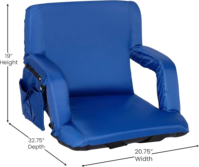 BizChair Blue Portable Lightweight Reclining Stadium Chair with Armrests Padded Back &amp Seat with Dual Storage Pockets and Backpack Straps