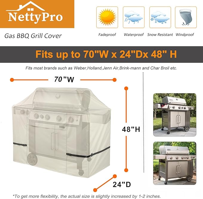 NettyPro Grill Cover for Outdoor Grill 70 inch Waterproof Heavy Duty Gas BBQ Grill Cover for Outside Weber Char-Broil Brinkmann Jenn Air Nexgrill 3-5 Burners Barbecue Beige