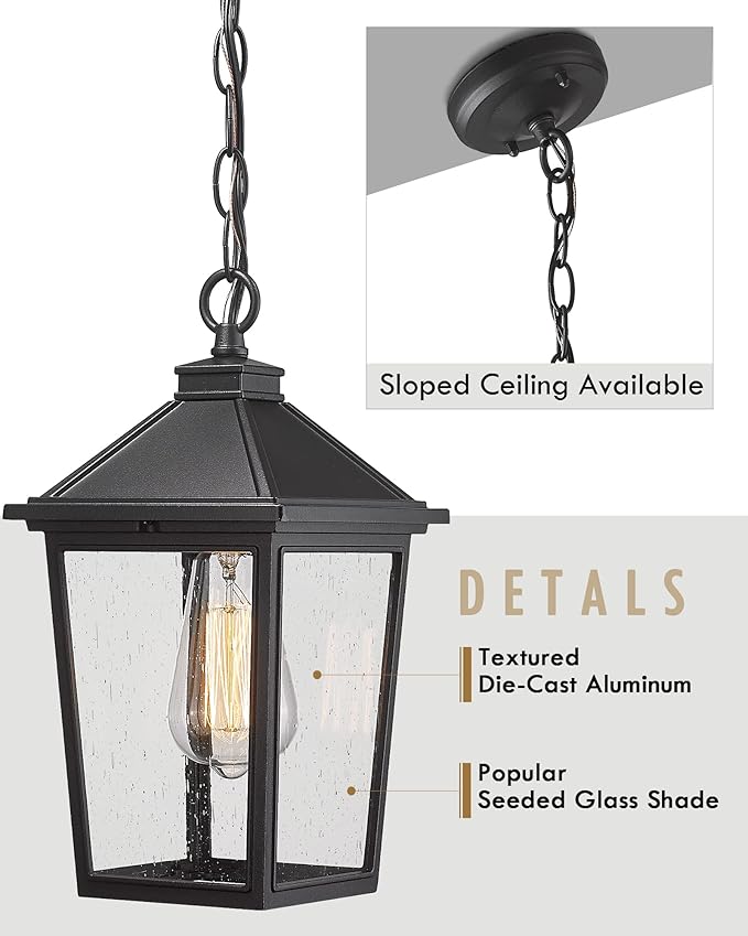 Outdoor Pendant Lights for Porch HWH Exterior Hanging Lantern Farmhouse Outdoor Pendant Light for Gazebo Seeded Glass Shade Matte Black 5HX64HM BK (Large)