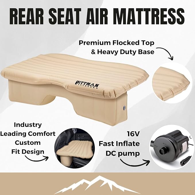 Pittman Outdoors Backseat Bed Air Mattress – 60” Rear Seat Air Mattress for Trucks Vans &amp Large SUVs – Includes Pump Pillow &amp Storage Bag – Inflatable Back Seat Air Mattress – Tan
