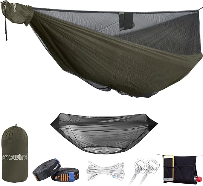 onewind 11ft Camping Hammock with Bugnet Portable Double Hammock with Mosquito Net Backpacking Hammock with Net Adjustable Ridgeline Tree Straps for Outdoor Hiking Backpacking OD Green