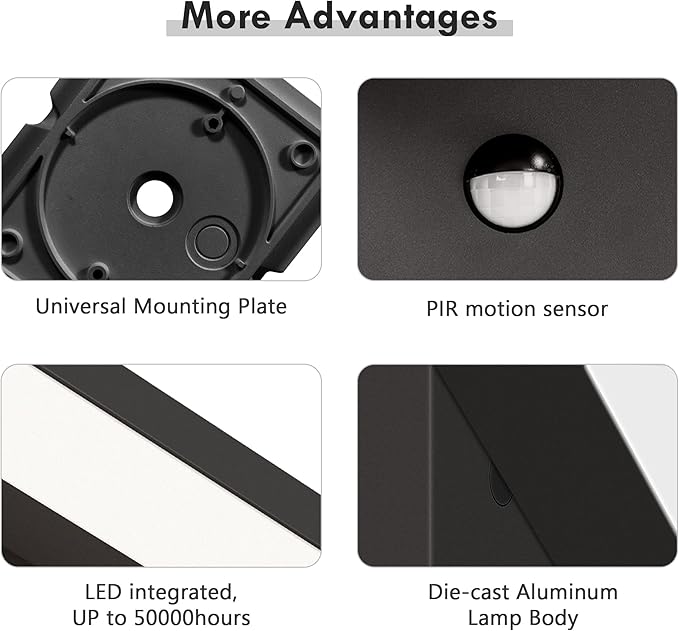 Motion Sensor Outdoor Rotatable Wall Light Exterior LED Fixture Aluminum Wired Porch Lamps Adjustable Sconce Black Front Door Lantern for Patio Garden Garage Yard