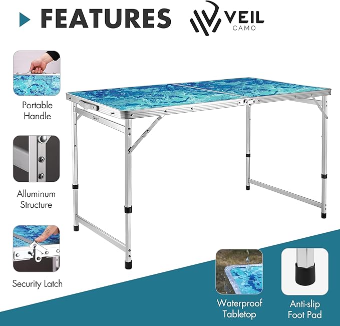 VILLEY Folding Camping Table 4FT Large Portable Aluminum Table with Adjustable Height Foldable Lightweight Picnic Table with Carry Handle for Camping BBQ Outdoor &amp Indoor Activities