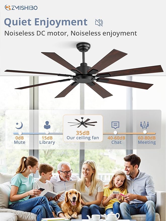62 Inch Ceiling Fan No Light with Remote Control 8 Blades Quiet DC Reversible Motor 6-Speed Timer Black Finish Indoor Outdoor Ceiling Fans for Patios Living Room Garage