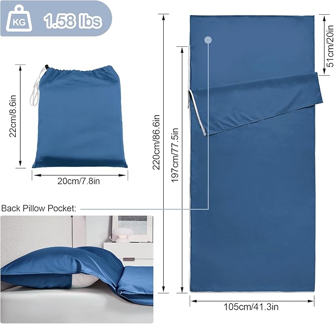 Sleeping Bag LinerLong Staple Cotton Adult Sleep Sack &amp Travel SheetsTravel Sleep Sack for Backpacking Hotels &amp Hostels Lightweight Travel Sheet Camping SheetsHas Full Length Zipper