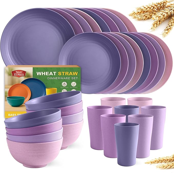 Teivio 32-Piece Kitchen Plastic Wheat Straw Dinnerware Set Service for 8 Dinner Plates Dessert Plate Cereal Bowls Cups Unbreakable Colorful Plastic Outdoor Camping Dishes Purple Ombre