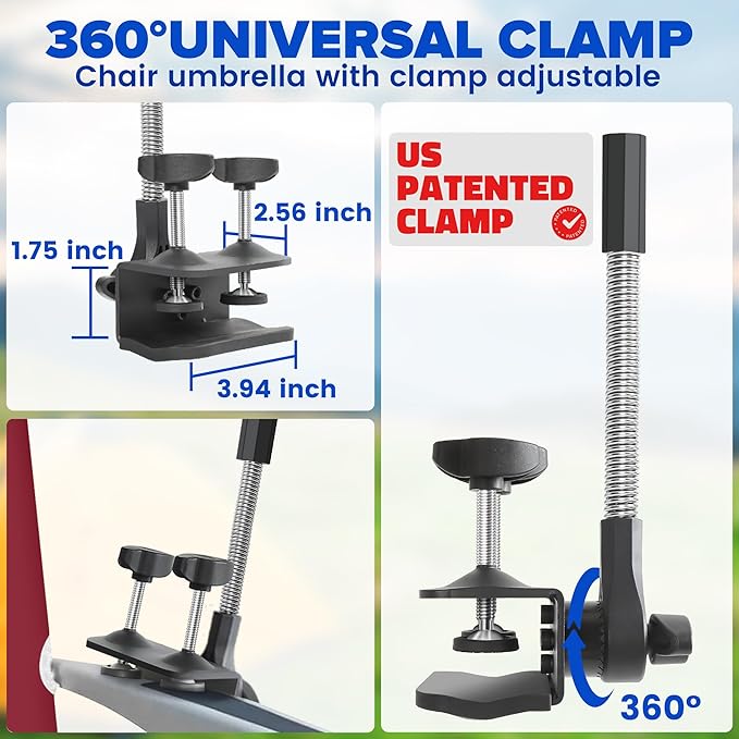 2PACK 48.7inch Umbrella for Beach Chair 360°Adjustable 50+ UV Protection Large Camping Chair Umbrella with Universal Clip for Glof Cart Garden Table Bleacher（ChairTable not include）