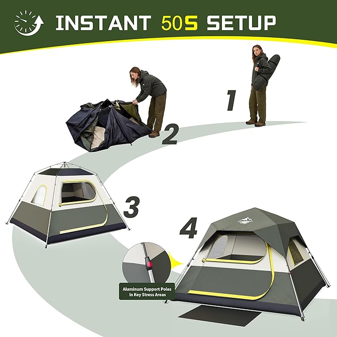 Tent 4 Person Tents for Camping - Instant Cabin Tent Setup in 50 Seconds with Rainfly &amp Windproof Portable Pop Up Tents with Carry Bag for Family Outdoor Camping &amp Hiking
