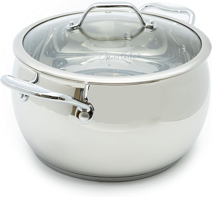 David Burke Splendor Stainless Steel 7-Quart Dutch Oven with Glass Lid Vented Steam – Side handles Oven Safe