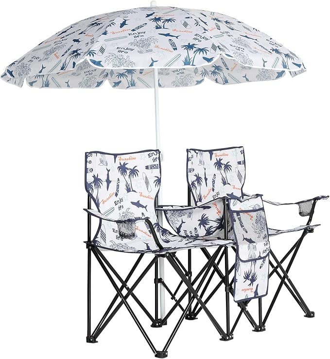 Double Folding Camping Chair W/Umbrella Fold Up Table Beverage Holder Carrying Bag Cooler for Patio Pool Park Outdoor Beach Picnic Portable (Coconut)