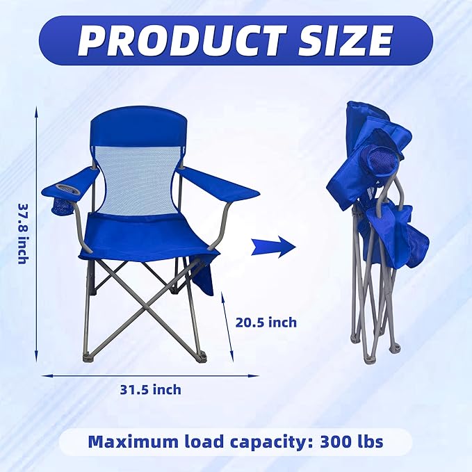 Outdoor Folding Camping Chair with Insulated Cooler Padded Seat and Back Cup Holder Storage Pockets Lightweight Portable Chair with Carry Bag for Camping Beach Lawn and Backyard (Blue)