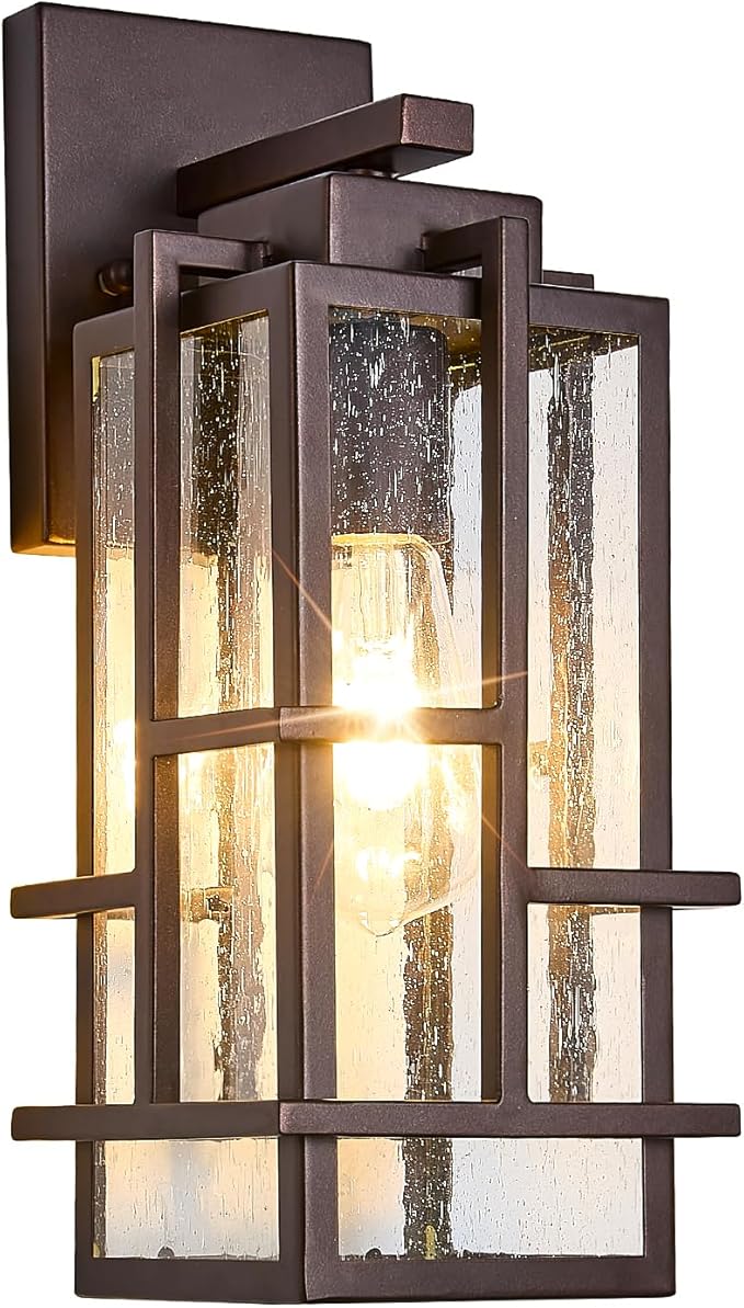 Outdoor Wall Light Fixture with Seeded Tempered Glass Waterproof Outside Wall Coach Lantern with E26 Sockets Brown Large Porch Sconces Lamp for House Patio Garage