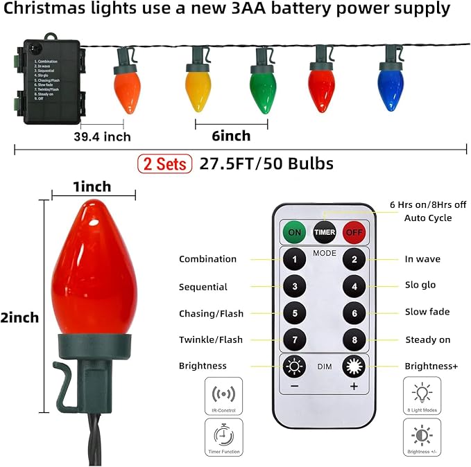 100 LED C7 Multicolor Christmas Lights Battery Operated with 8 Mode Remote Control 2 Sets 27.5FT Colorful Christmas Tree Lights with 2 * 50pcs Twinkle C7 Light Bulbs for Home Porch Yard Decorations