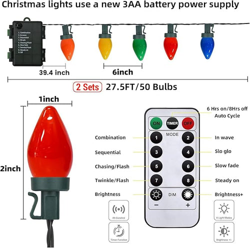 100 LED C7 Multicolor Christmas Lights Battery Operated with 8 Mode Remote Control 2 Sets 27.5FT Colorful Christmas Tree Lights with 2 * 50pcs Twinkle C7 Light Bulbs for Home Porch Yard Decorations