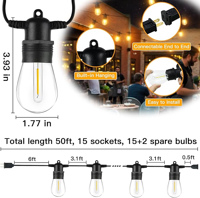 Ollny Outdoor String Lights 50 FT Waterproof Connectable Patio Lights with 15 Shatterproof Bulbs(2 Spare) Outside Hanging Light for Balcony Porch Yard Garden Backyard