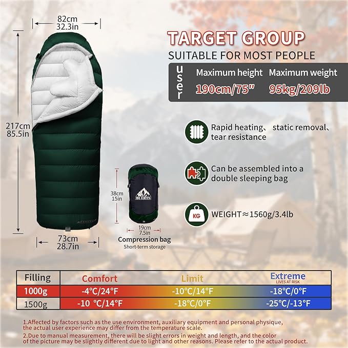 Down Sleeping Bags for Adults Premium 680FP Down Fill Backpacking Sleeping Bag for Cold Weather for Camping Hiking and Traveling Comes with Compression Sack.