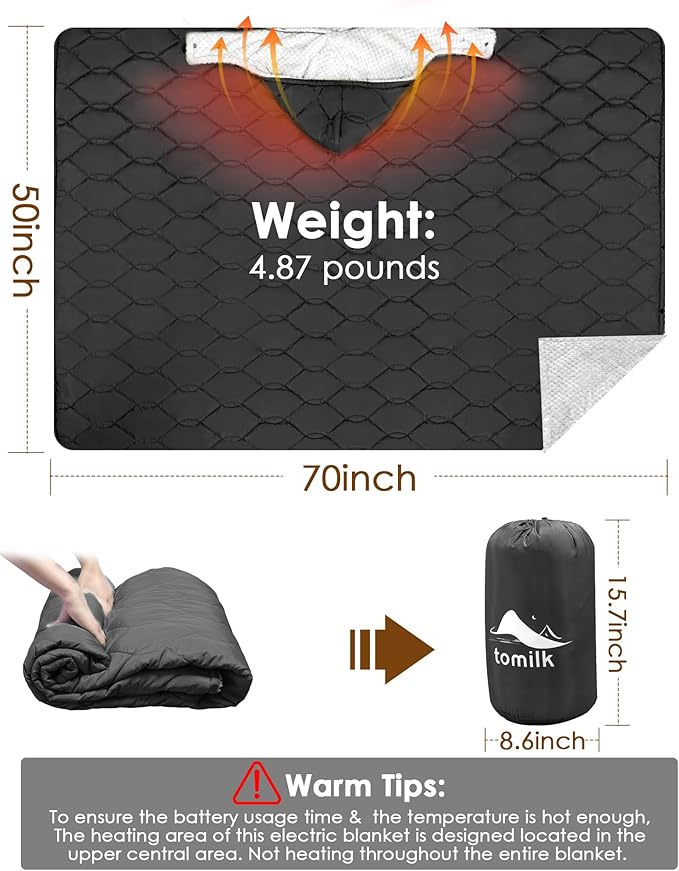 12V Battery Powered Heated Camping Blanket with Detachable Hood Heated Cordless Blanket with 15000 mAh Battery Wearable Car Blanket (Black)