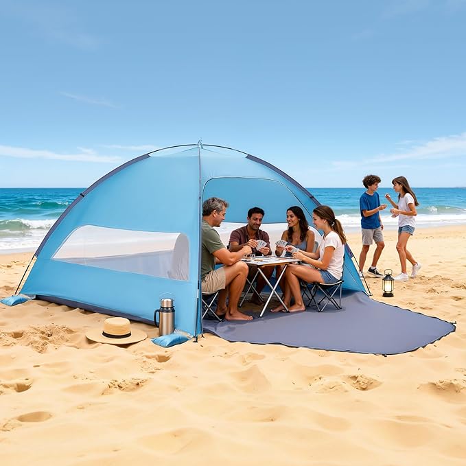 VEVOR Beach Tent Sun Shelter for 6 Person UPF 50+ Protection Portable Sun Shade Beach with Carrying Bag &amp Sand Pockets Lightweight and Easy Setup Beach Umbrella for Camping Fishing Outdoor Picn