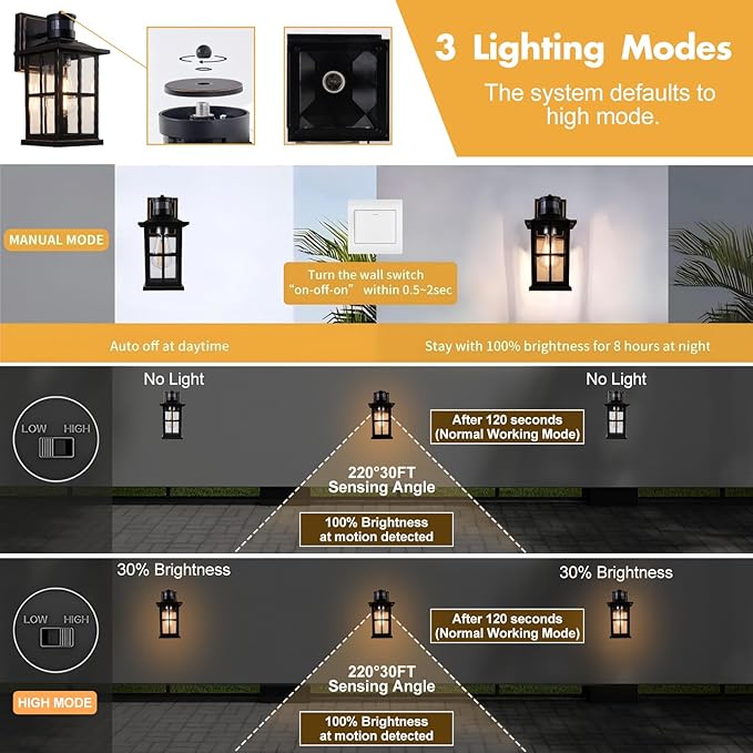 Outdoor Motion Sensor Light Black Exterior Wall Lighting FixturesDusk to Dawn Motion Sensor Outdoor Lights Waterproof Front Porch Light Lantern for Garage Patio. (Black 1 Pack)