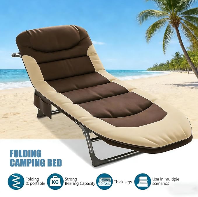 Folding Camping Cot for Adults with Adjustable Backrest &amp Pillow Portable Lounge Chair Bed 6-Position Recliner Waterproof Outdoor Cot Supports 450lbs Includes Side Pocket (Brown)
