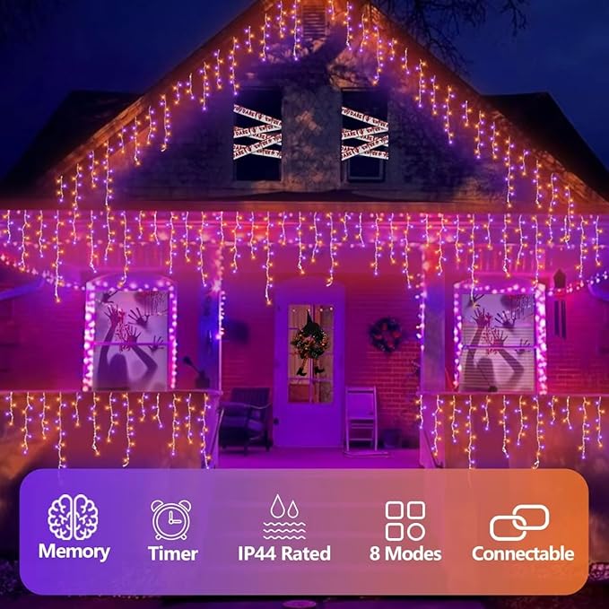 QITONG Orange and Purple Icicle Lights for Outside 33ft 400 LED String Light Indoor Plug in 8 Modes Connectable Halloween Icicle Lights Clear Wire