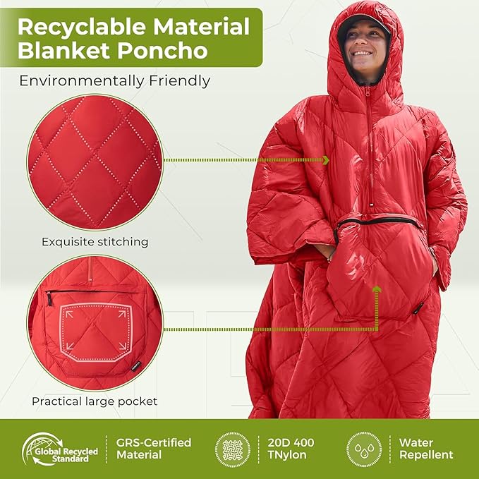 ATEPA Wearable Sleeping Bag Recycled Warm Winter Camping Blanket Wearable Poncho for Outdoor Stadium Sports Women Men
