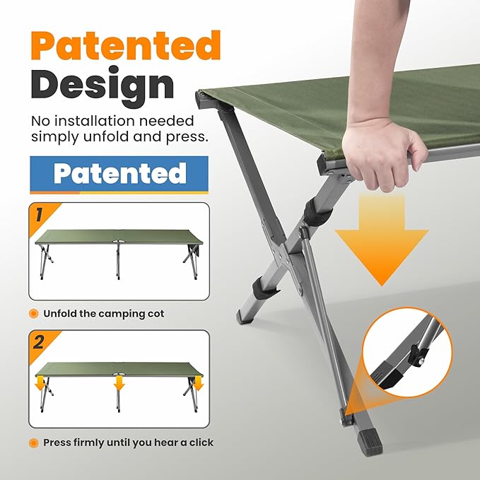 Oversized Camping Cot for Adults - Non-Assemble Folding Camping Bed Extra Wide for Outdoor Support up to 6.9ft or 450lbs with Storager Bag 82” L x 32” W(Green)