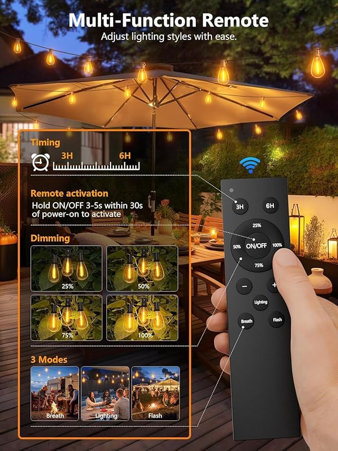 luckystyle 100FT LED Outdoor String Lights with Remote 35+ 1 Shatterproof Bulbs Waterproof and Dimmable Patio Lights for Porch Garden Backyard Deck Balcony 2700K Hanging Lighting