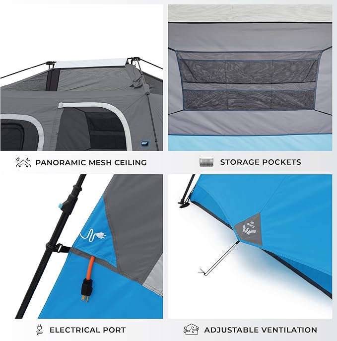CORE Instant Cabin Tents with LED Lights | 6 Person / 9 Person / 12 Person Family Multi Room Lighted Pop Up Tents for Camping | Included Storage Pockets for Camping Accessories