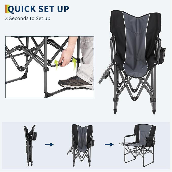 GarveeLife Oversized Folding Director Camping Chair 2 Pcs Heavy Duty Portable Outdoor Chair with Aluminum Side Table &amp Pocket Support 400 LBS Metal Frame for Lawn Fishing Sports Events Black