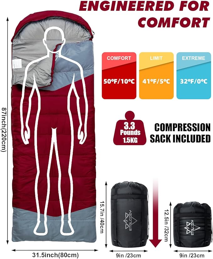 Lightweight 3-Season Sleeping Bag for Adults/Kids Camping Compact w/Compression Sack Waterproof Ripstop Portable for Backpacking Hiking Travel