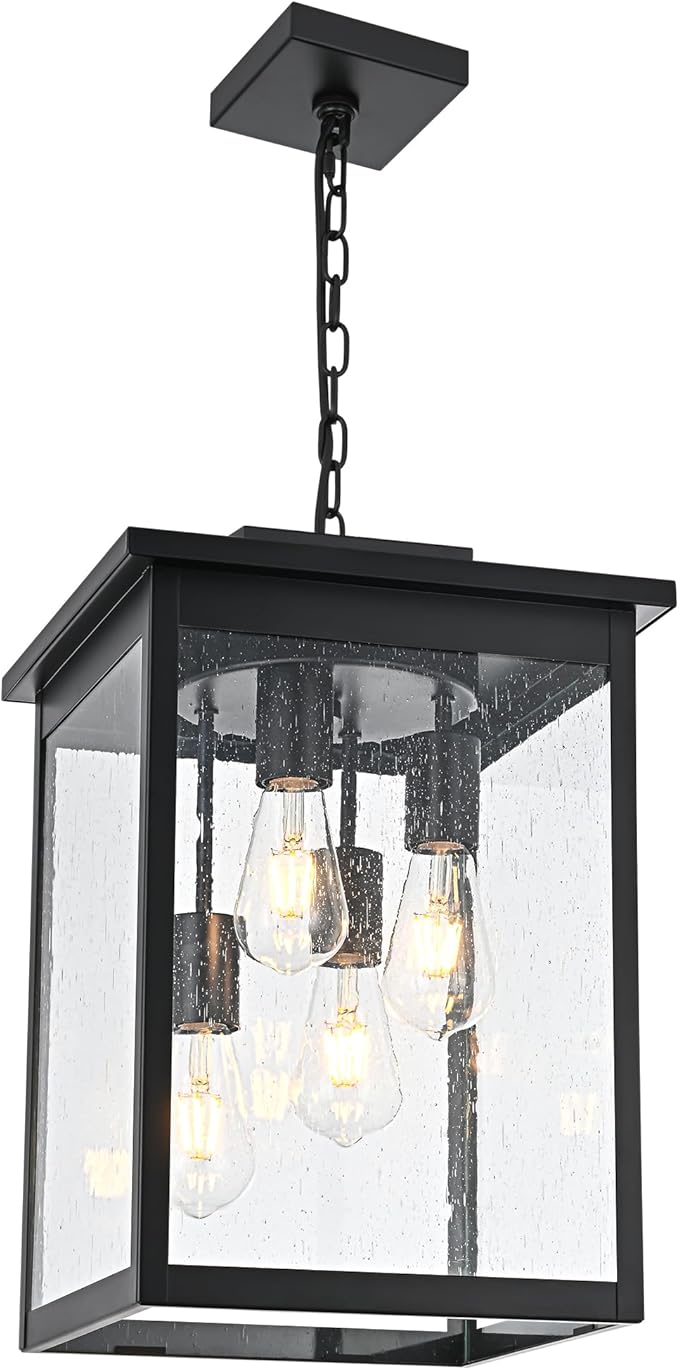 TODOLUZ 4-Lights Large Outdoor Pendant Light Fixture Farmhouse Waterproof Black Porch Hanging Lighting with Adjustable Chain Seeded Glass Panel &amp E26 Bulb Base for Patio Garden Entryway
