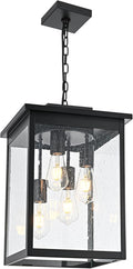 TODOLUZ 4-Lights Large Outdoor Pendant Light Fixture Farmhouse Waterproof Black Porch Hanging Lighting with Adjustable Chain Seeded Glass Panel &amp E26 Bulb Base for Patio Garden Entryway