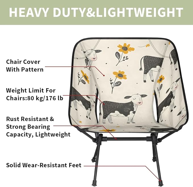Honeybaby Folding Camping Chair Flowers Cows Camping Chairs Lightweight Portable Chair Outdoor Foldable Chairs for Camping Travel Picnic Beach Hiking