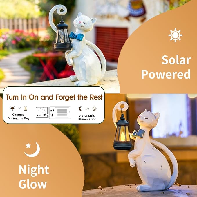 WHIMSYNOOK 10.7 White Cat Solar Garden Light Statue – Outdoor Garden &amp Yard Decor LED Lantern Gift for Cat Lovers