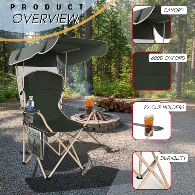 Portable Folding Camping Chairs with Canopy Shade Beach Chair for Adults Durable Weather Resistant 600D Oxford Cloth Camping Chair with Canopy for Outdoors [Olive Green-2 Pack]