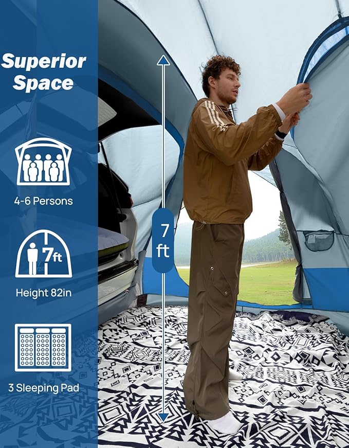 JOYTUTUS SUV Tent for Camping with Rainfly Double Door Design Car Tent with Aluminum Poles SUV Tailgate Tent with Waterproof PU2000mm Double Layer for 4-8 Person Blue