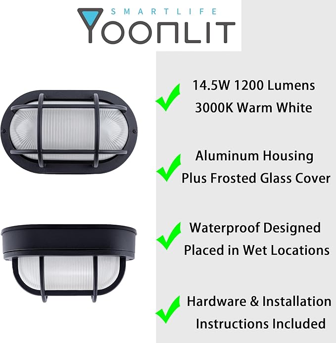 YoonLIT 10.6 Inch Outdoor Oval LED Bulkhead Light Fixture Wall or Ceiling Flush Mount Waterproof for Porch Basement Hallway Balcony 14.5W 1200 LM 3000K Matte Black Finish 1-Pack
