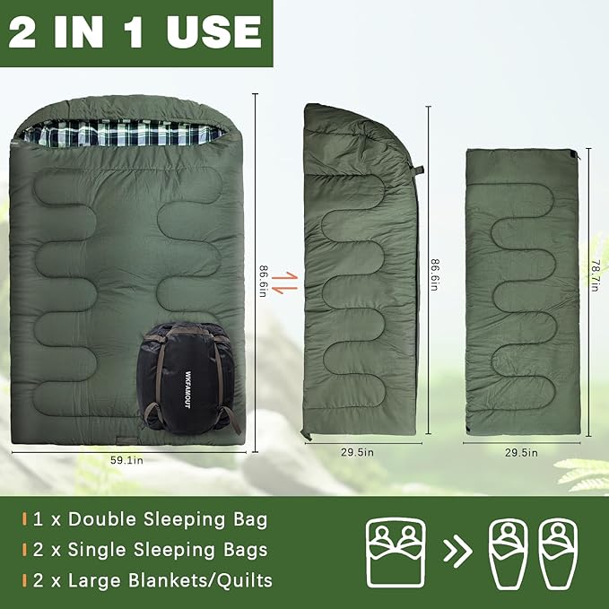 0 Degree Double Sleeping Bag for Adults Queen Size 2 Person Sleeping Bag for Cold Weather with Compression Sack for Car Camping Hunting and Tent Camp