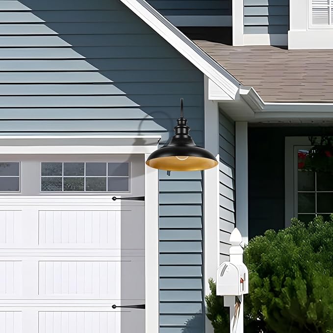 Outdoor Barn Light Fixtures 16 Inch Large Dome Farmhouse Exterior Wall Mount Lights Rustic Wall Sconces Indoor Wall Lighting Industrial Black Gold Lanterns for Porch Garage 2 Pack