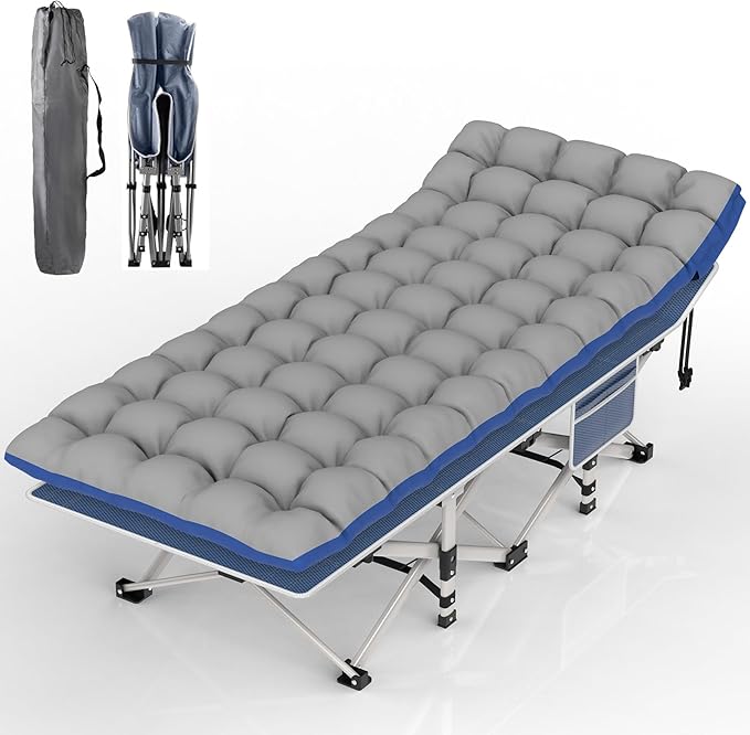 Suteck Camping Cot Folding Camping Cot Bed for Adults Sleeping 1200D Double Layer Oxford Portable Folding Outdoor Cots for Camping W/Soft Pad Carry Bag for Home Office Nap Beach Travel 500LBSBlue
