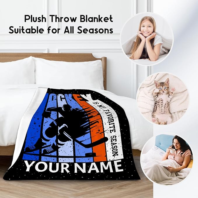 Custom Hockey Gifts for Boys Personalized Hockey Blanket for Kids Men Adults 60x80 Fleece Soft Cozy Sport Throw Blankets for Couch Sofa Team Gifts for Players Adults