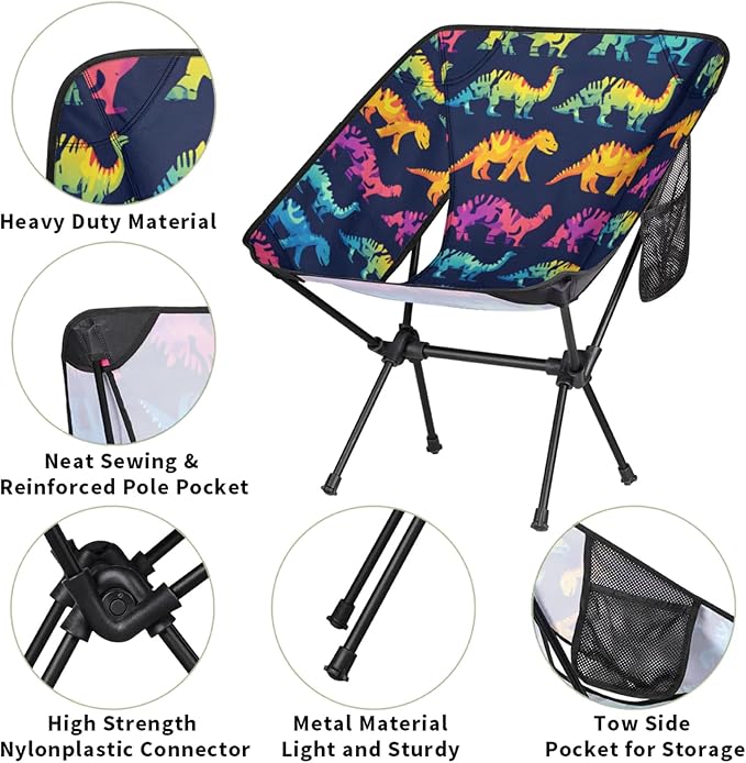 Honeybaby Folding Camping Chair Cool Dinosaurs Camping Chairs Lightweight Portable Chair Outdoor Foldable Chairs for Camping Travel Picnic Beach Hiking