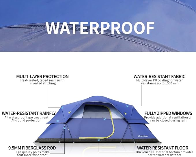 EchoSmile 10/12 Person Camping Tent Waterproof Windproof Tent with Rainfly Easy Set up for Outdoor Family Camping Party