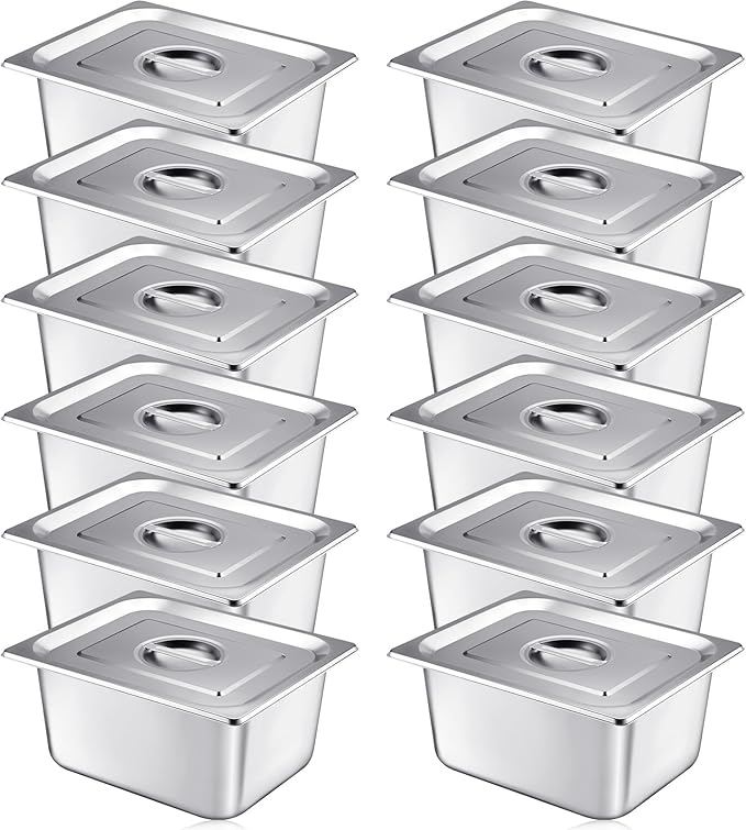 Mifoci 12 Pack Stainless Steam Hotel Pan with Lid 1/2 Size X 6 Inch Deep Steam Table Pan Restaurant Supplies Reusable Anti Rust Steam Pan Water Pan for Home Party Restaurant Hotel Buffet