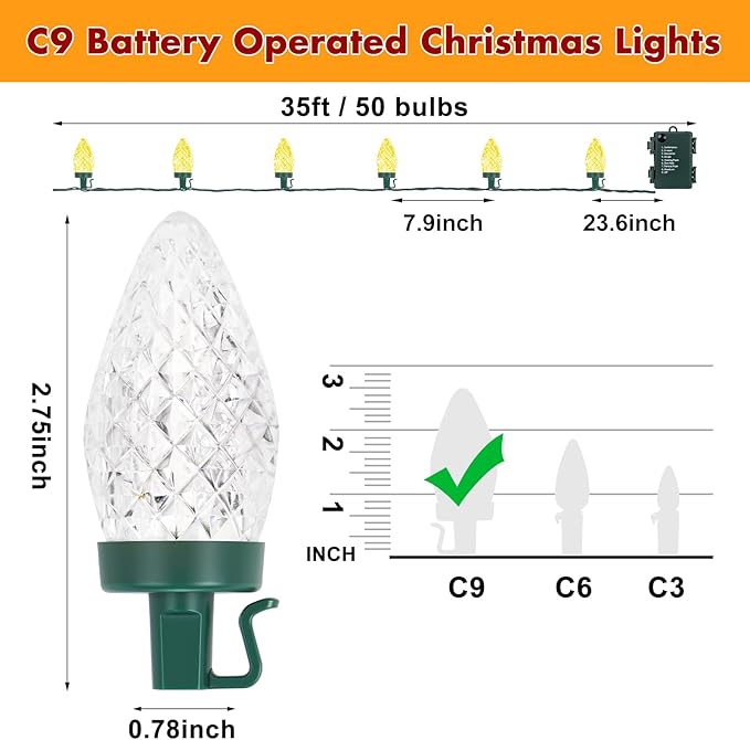 Brightever C9 Battery Christmas Lights 35FT 50LED Christmas Tree Lights Indoor with Timer &amp 8 Lighting Modes Waterproof Battery String Light for Party Wedding X-mas Decoration Warm White 1-Pac